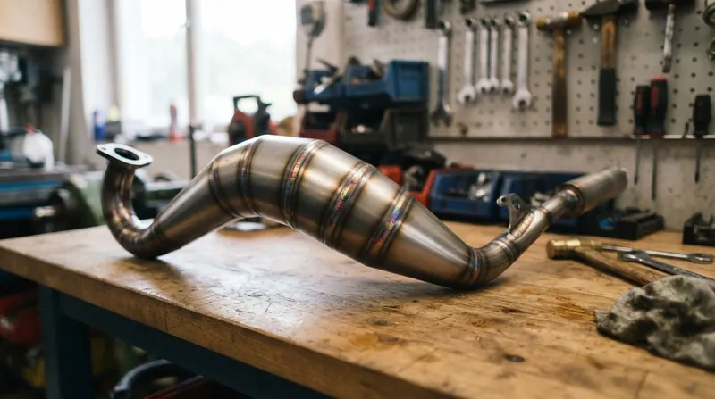 A raw, hand-welded two-stroke expansion chamber on a vintage racing motorcycle, showing distinct cone sections.