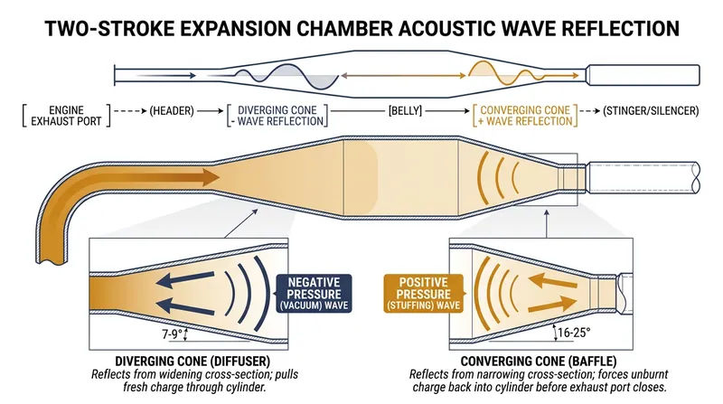 The diverging cone creates a vacuum to pull exhaust out, while the converging cone reflects a high-pressure wave to push escaped fuel back in.