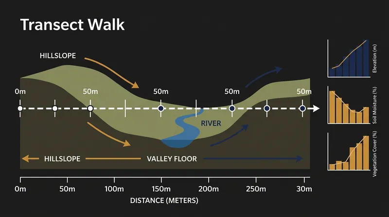 A systematic environmental gradient cuts across diverse ecological zones, ensuring all micro-environments are sampled.