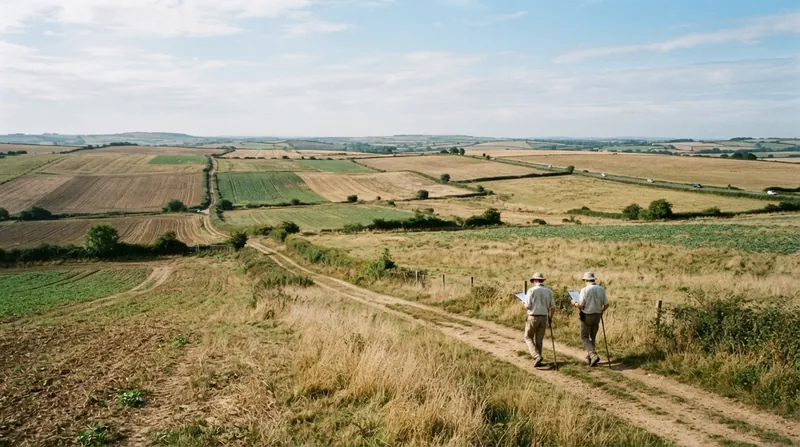 A diverse group of researchers and local farmers walking together across a rugged, unpaved rural landscape, pointing at soil and crops.