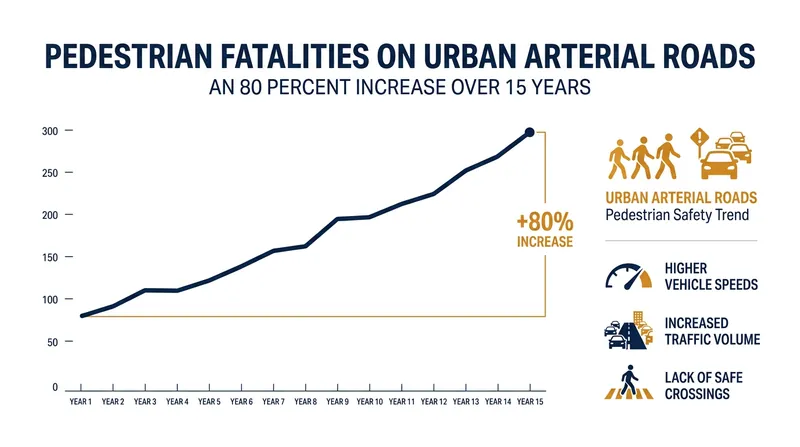 Pedestrian fatalities have surged on dark, arterial roads where visual cues fail.