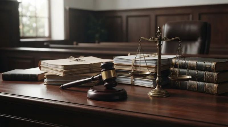 A wooden judge's gavel resting on top of a stack of international treaties and legal documents in a dimly lit courtroom.