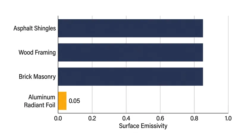Unlike standard building materials that absorb and emit heat, aluminum foil emits almost zero thermal radiation.