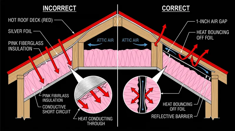 When the required air gap is eliminated, the foil's low emissivity is bypassed by direct conductive heat transfer.