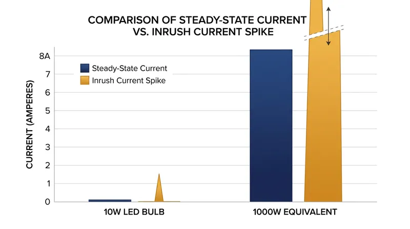 While an LED draws very little power during normal operation, its initial capacitive inrush current can be 100 times higher.