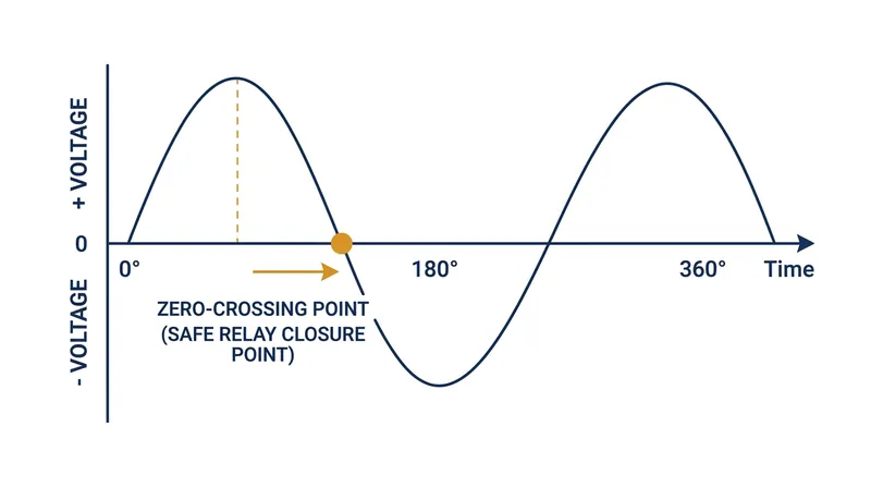Zero-crossing logic times the relay closure to the exact millisecond the AC voltage hits zero, eliminating the pressure that drives an arc.