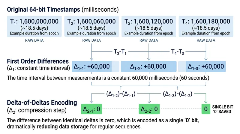 By calculating the difference between the differences, perfectly periodic timestamps can be encoded as a single zero bit.