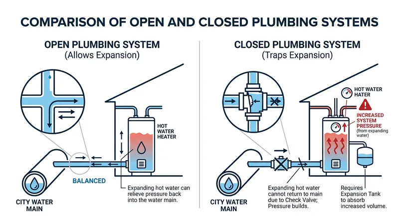 A check valve or pressure regulator prevents water from flowing backward, trapping thermal expansion inside the home.