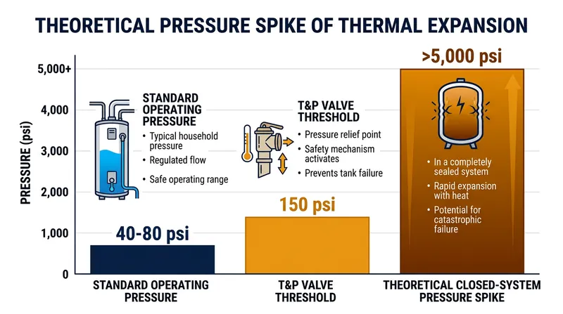 Because water is incompressible, heating it in a closed system generates pressure that easily exceeds the safety limits of residential plumbing.