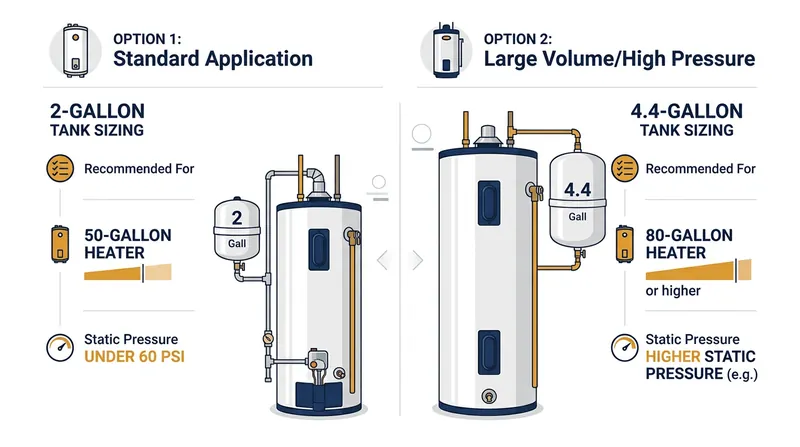 Expansion tanks must be sized according to both the volume of the water heater and the home's incoming static water pressure.