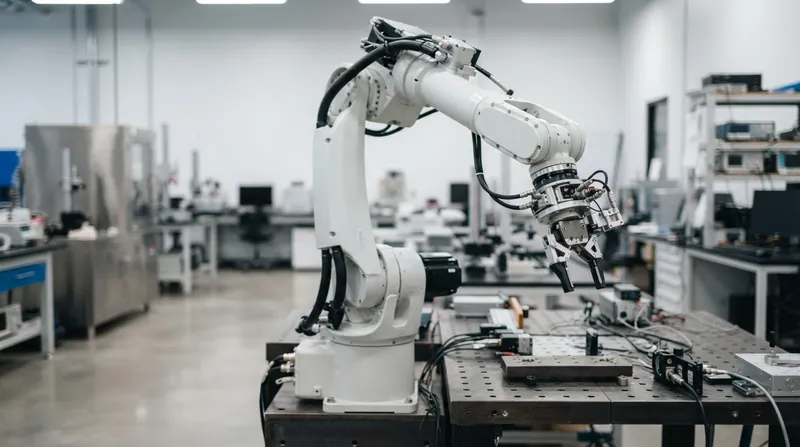 A bright orange six-axis industrial robot arm frozen mid-motion in a manufacturing facility.