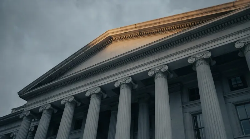 The classical stone facade and columns of the United States Treasury Department building in Washington D.C.