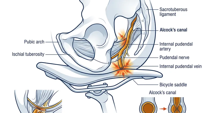 The pudendal artery travels through a narrow anatomical corridor that offers no room to yield under external pressure.