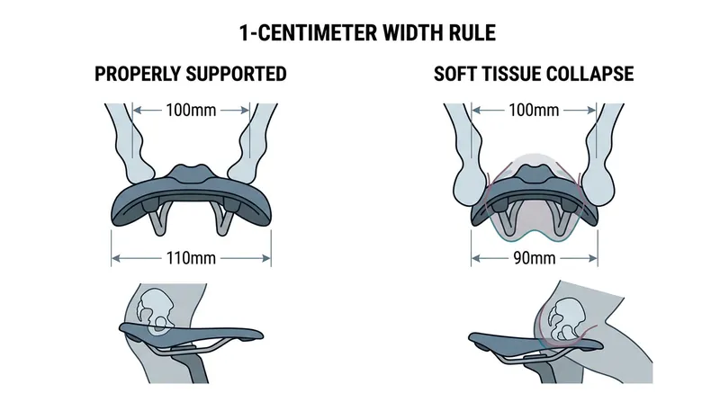 A saddle must be at least one centimeter wider than the rider's ischial spacing to effectively transfer weight to the skeleton.
