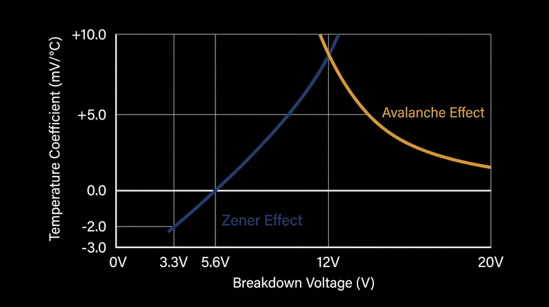 The negative Zener coefficient and positive avalanche coefficient intersect at exactly 5.6 volts.