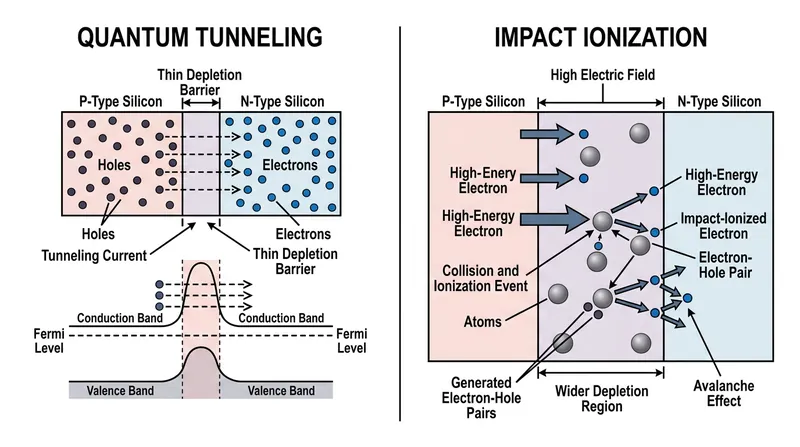 Quantum tunneling dominates below 5 volts, while impact ionization dominates above 6 volts.