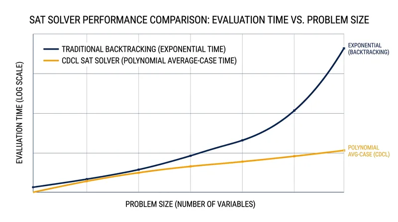Conflict-driven clause learning prunes the search space, drastically reducing evaluation time.