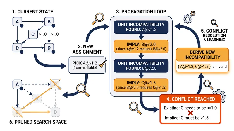 PubGrub learns from conflicts by deriving new incompatibilities, preventing the solver from repeating mistakes.
