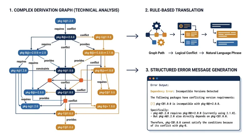 The derivation graph inherently produces a logical proof of why a dependency resolution failed.