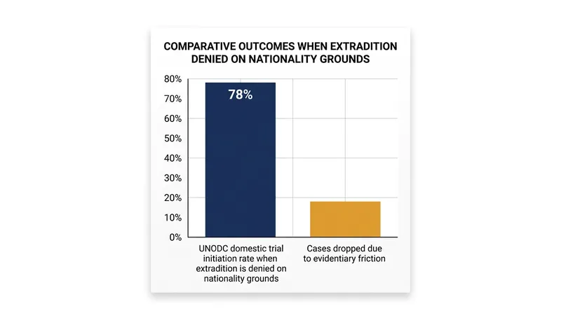Substitute domestic trials are initiated in 78 percent of cases where extradition is denied on nationality grounds.