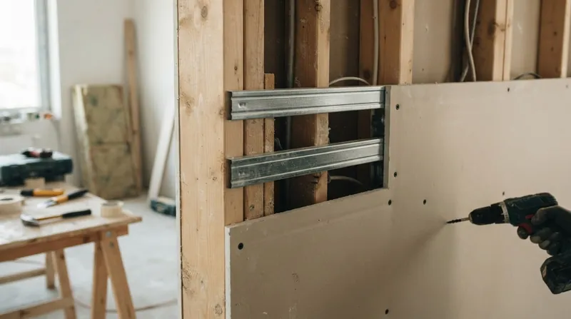 Illustration: Mounting heavy furniture directly into the studs after construction will instantly short-circuit a decoupled wall.