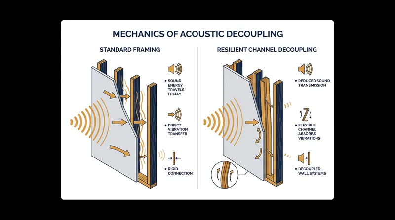 Resilient channels flex under acoustic pressure to absorb vibration energy.