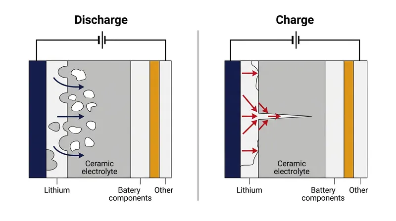 Voids formed during discharge force the returning current to concentrate at remaining contact points, driving dendrites through the ceramic.
