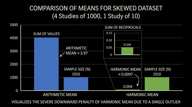 The harmonic mean heavily penalizes large sample sizes, pulling the average aggressively toward the smallest study.