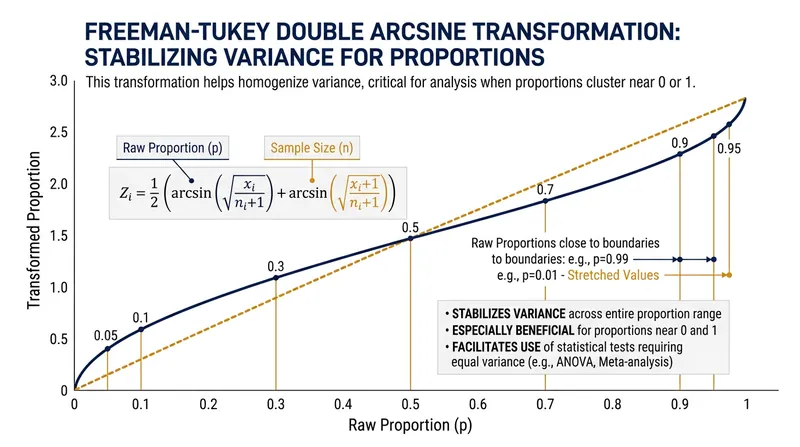 The transformation stretches proportions near zero and one to decouple variance from the mean.