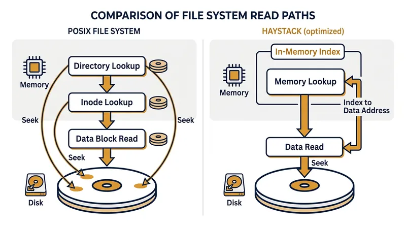 Haystack replaces multiple POSIX metadata disk seeks with a single in-memory lookup.