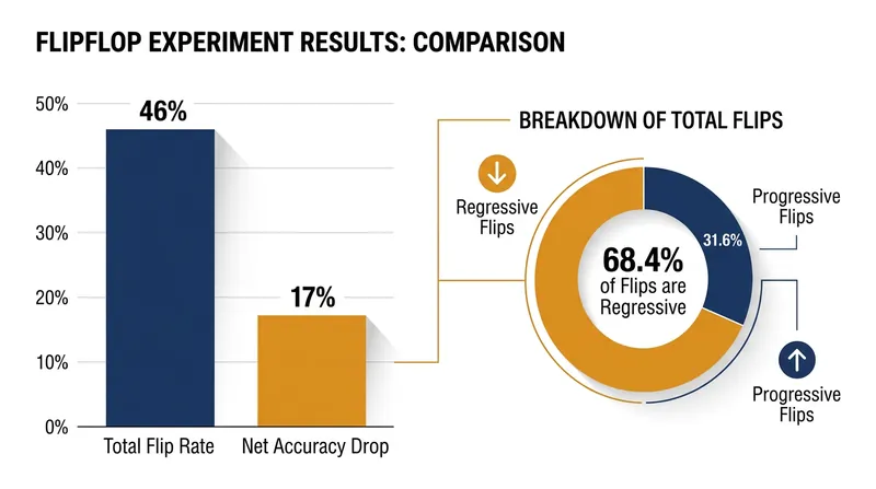 In the FlipFlop experiment, models flipped their answers 46 percent of the time when challenged, resulting in a 17 percent net accuracy drop.
