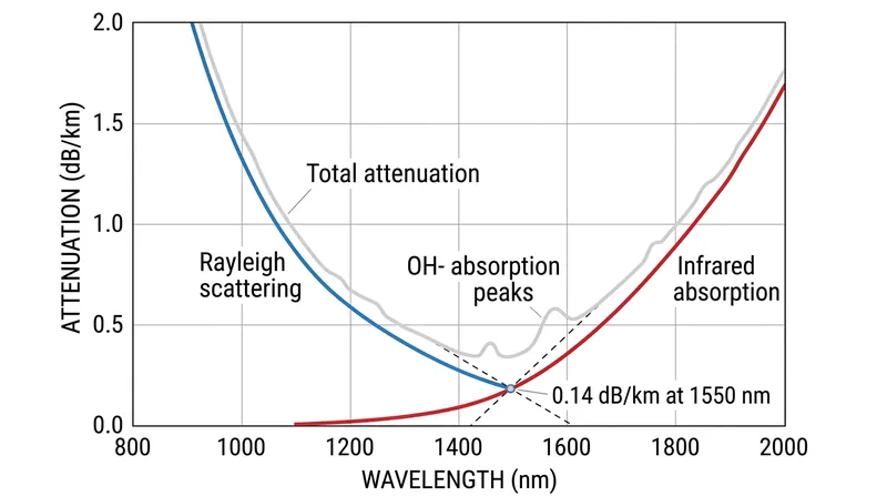 The absolute minimum attenuation occurs where Rayleigh scattering and infrared absorption intersect.