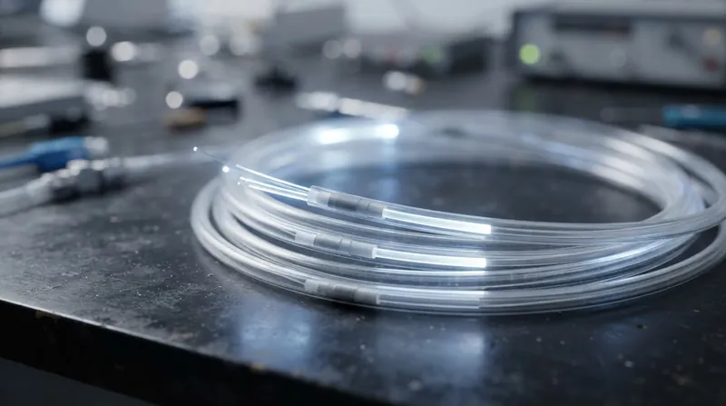 Close-up view of a glowing optical fiber core transmitting laser light against a dark background.