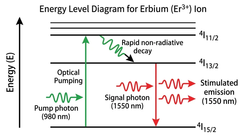 Erbium ions naturally amplify light at 1,550 nanometers, perfectly matching the silica attenuation minimum.