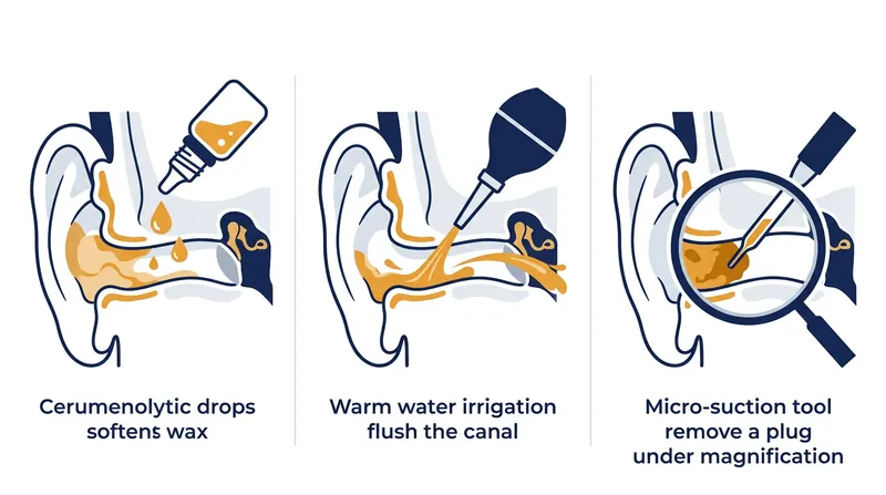 Clinical guidelines recommend drops, body-temperature irrigation, or manual micro-suction as the only safe methods for managing impacted earwax.