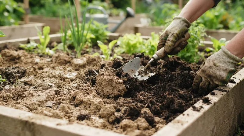 Illustration: Incorporating two to three inches of compost into the top layer of clay soil is the most effective way to improve drainage.