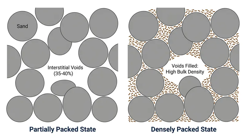 Because clay particles are exponentially smaller than sand grains, they easily slide into and fill the empty spaces between the sand.