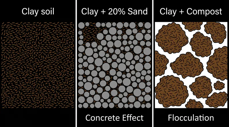 Organic matter binds clay platelets into larger aggregates, creating the pore space that sand fails to provide.
