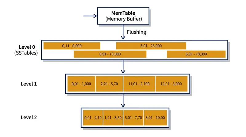 Data flows from the in-memory MemTable down through the strictly organized storage levels.