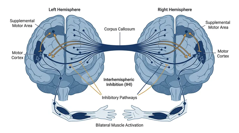 During bilateral contractions, the left and right motor cortices send inhibitory signals across the corpus callosum.