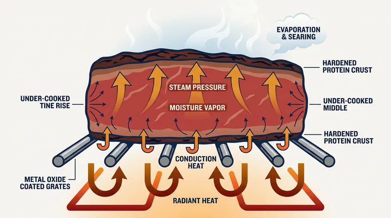 Expanding steam exerts upward pressure against the newly formed crust, physically breaking the bond with the metal.