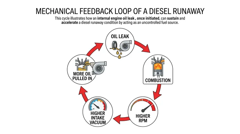 The self-sustaining acceleration loop that destroys an over-speeding diesel engine.