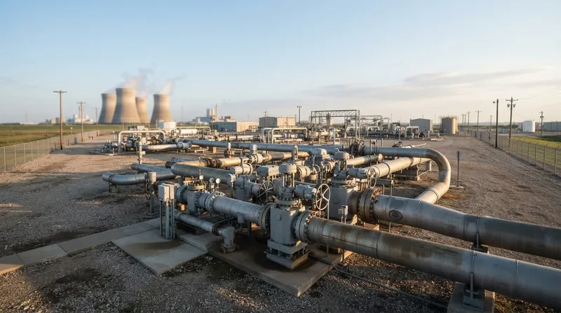 A sprawling industrial liquefied natural gas export terminal at dusk, featuring massive spherical storage tanks and pipeline networks.