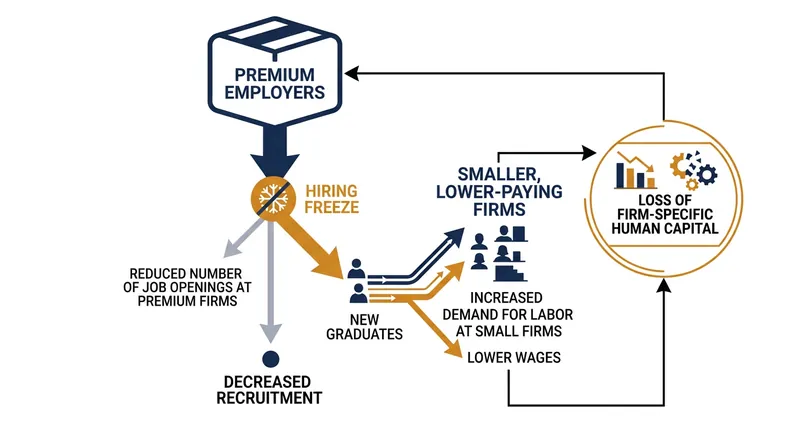 Cyclical downgrading occurs when premium firms freeze hiring, pushing highly educated entrants down the occupational ladder.