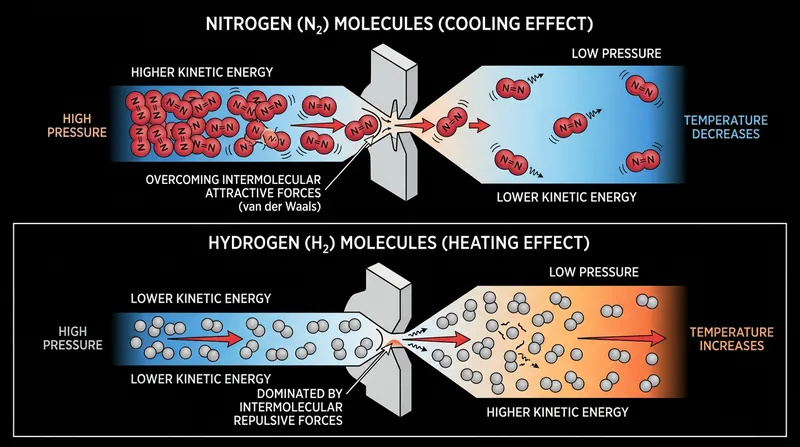 At room temperature, hydrogen molecules are dominated by steric repulsion, causing them to gain kinetic energy as they expand.