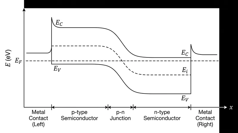 In thermal equilibrium, the Fermi level remains perfectly flat across the entire circuit, resulting in a zero-volt measurement.