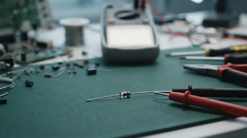 A close-up view of a digital multimeter testing probe touching a small glass-encased diode on a green circuit board.