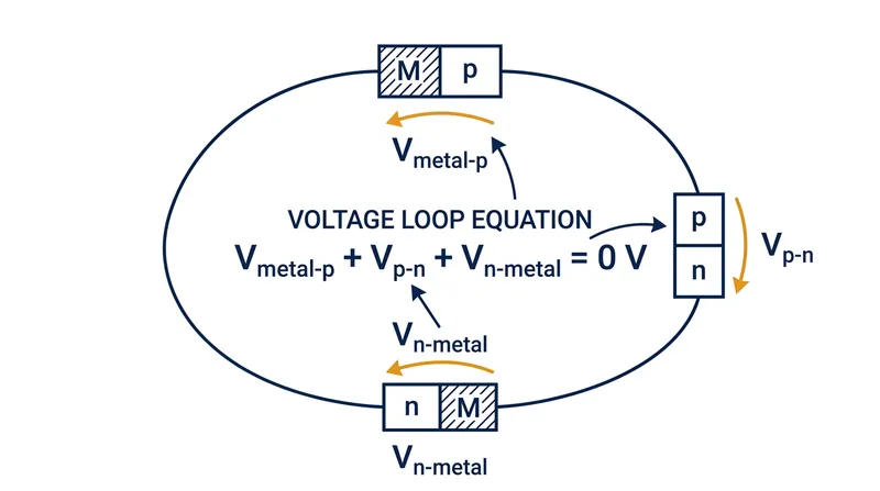 The contact potentials at the metal probes perfectly cancel the diode's internal voltage, netting to exactly zero.