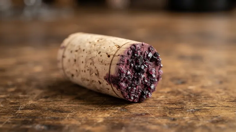 Illustration: In red wines, the precipitating crystals absorb dark anthocyanin pigments, creating a deep red crust on the bottom of the cork.