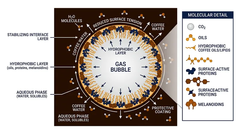 Emulsified lipids and hydrophobic roasting compounds coat the carbon dioxide bubbles, preventing them from coalescing and popping.